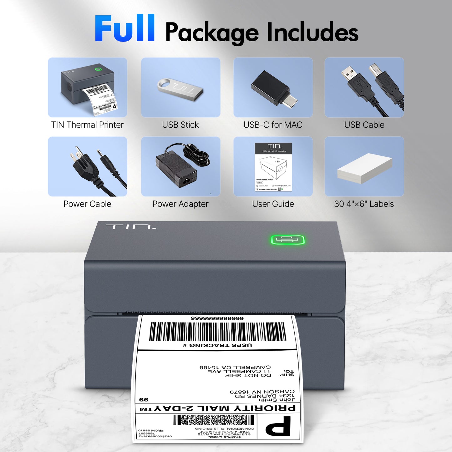 Thermal Label Printer, TIN Label Printer 4X6 for Small Business, USB3.0 Printer Supports Windows & MacOS & Chromebook, 150mm/s High-Speed Inkless Shipping Label Maker for UPS, USPS, Amazon, ebay, Etsy